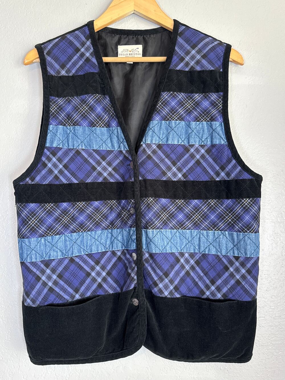 Vintage Susan Bristol Blue Black Plaid Patchwork Corduroy Vest Womens Large